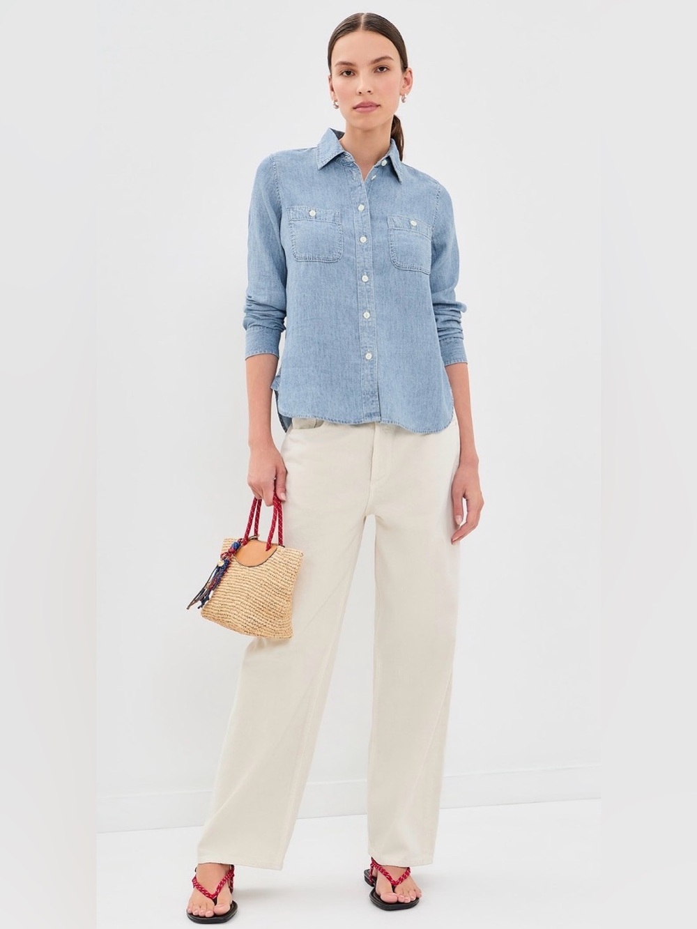 Faherty Women Tried & Truechambray Classic Buttondown Denim Top Long Sleeves M